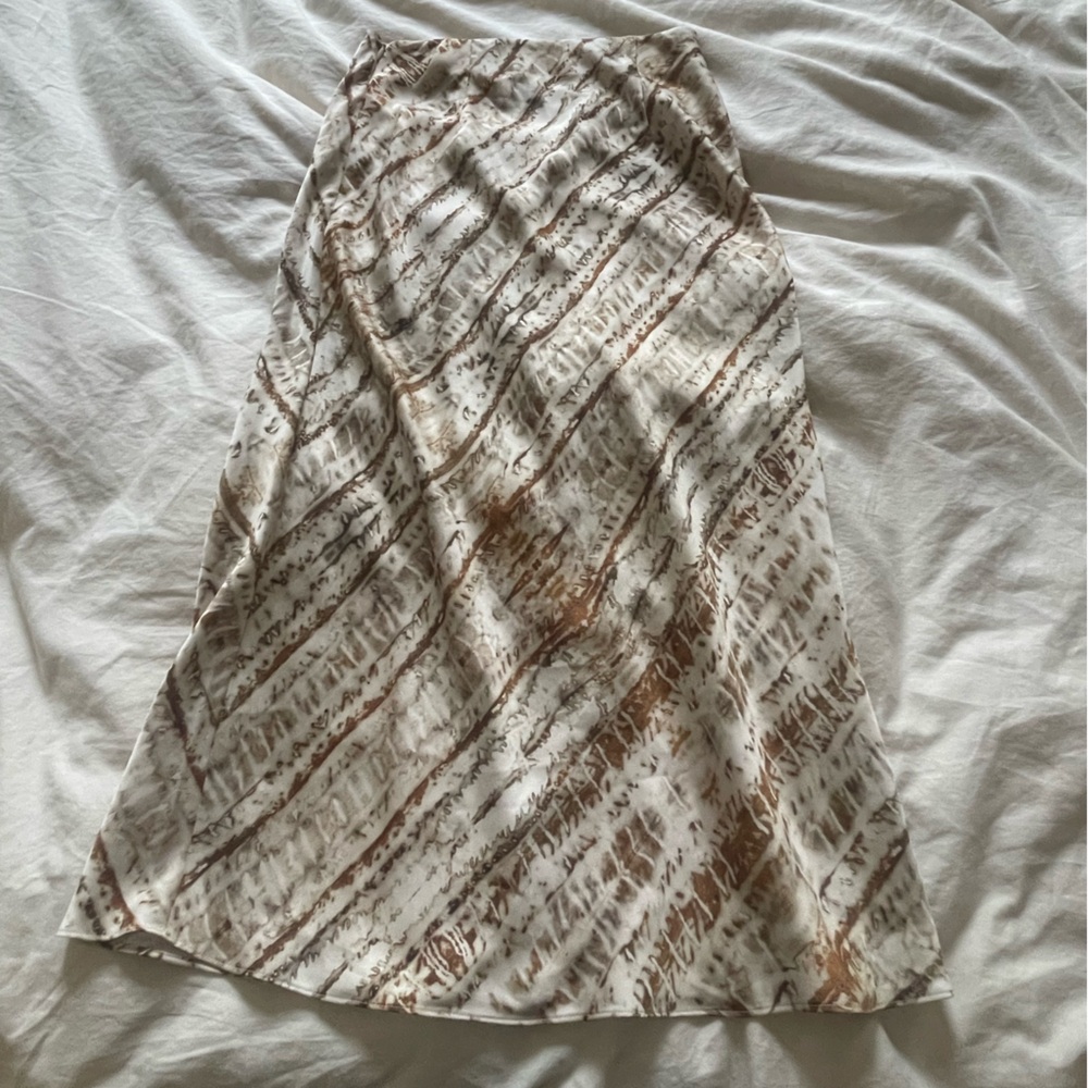 Aritzia- Babaton Cream and Brown Satin Midi Skirt